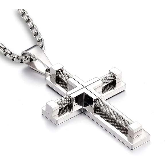 Men's Cross Necklace 316L Stainless Steel Large Jesus Christ Pendant Jewelry Rolo Chain for 24''