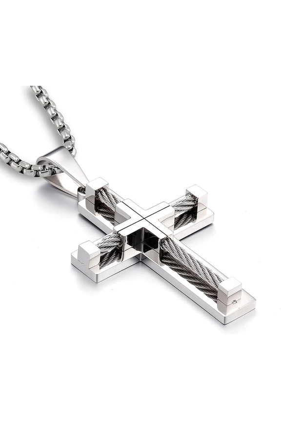 Men's Cross Necklace 316L Stainless Steel Large Jesus Christ Pendant Jewelry Rolo Chain for 24''