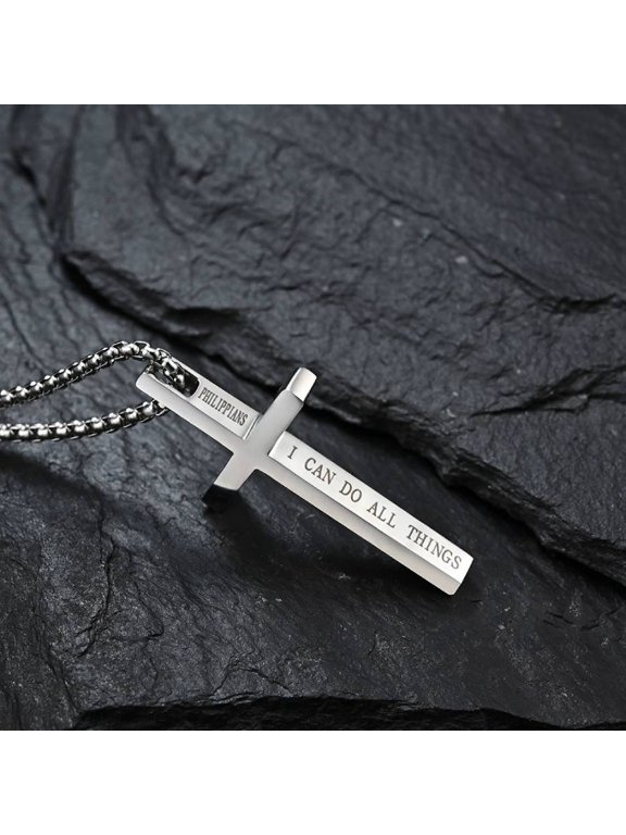 Men's Cross Necklace - Philippians 4:13 "I Can Do All Things" Engraved Stainless Steel Pendant with Box Chain, Religious Faith Jewelry