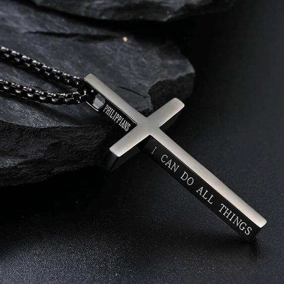 Men's Cross Necklace - Philippians 4:13 "I Can Do All Things" Engraved Stainless Steel Pendant with Box Chain, Religious Faith Jewelry