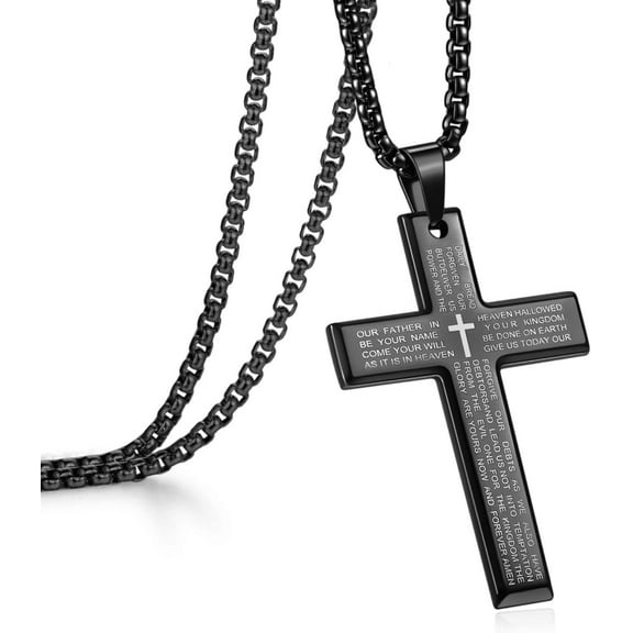 Men's Cross Necklace with Lord's Prayer, Stainless Steel Christian Cross Pendant Necklace for Men