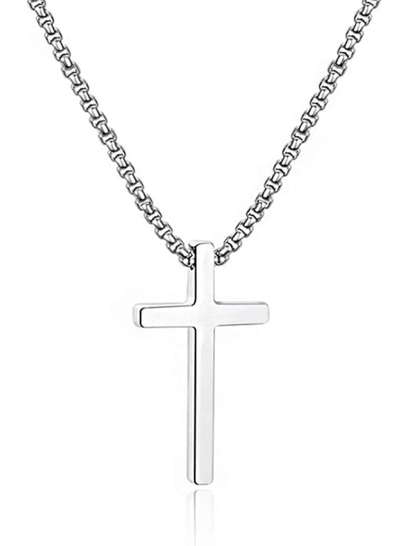 Men's Cross Pendant Necklace, Plain Small Cross for Men, Stainless Steel Box Chain 20 Inch in Silver Black Gold