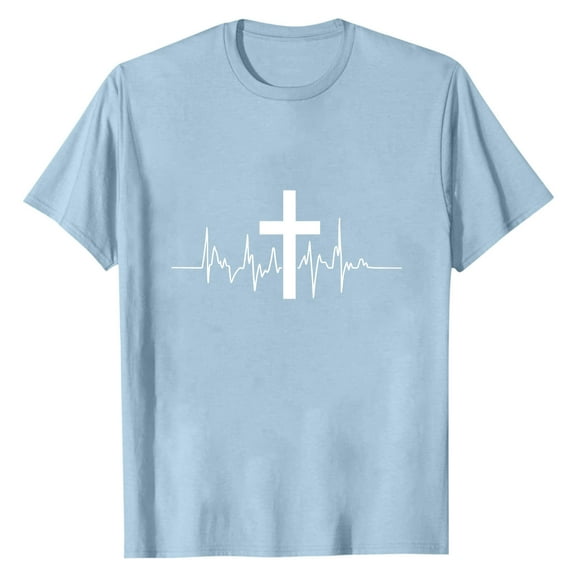 Men's Cross Print Graphics Short Sleeve T Shirt Crewneck Tee Shirts Pullover Size 2XL Sky Blue