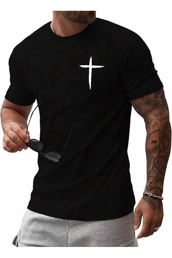 Men's Cross Print Short Sleeve T Shirt Crewneck Tee Shirts Unisex Graphic Printed Religious Christian T-Shirt Gifts Tops Black