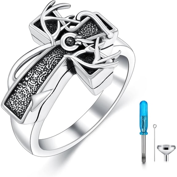 Men's Cross Urn Ring for Ashes 925 Sterling Silver Deer Antler Fish Hook Cremation Keepsake Memorial Gifts for Husband Brother Fishing Hunting Lovers
