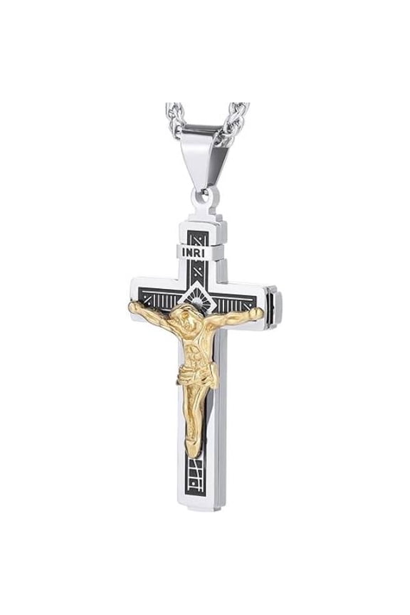 Men's Crucifix Cross Necklace - Stainless Steel Jesus Pendant with Wheat Chain, Religious Faith Jewelry for Men
