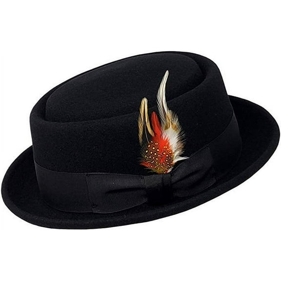 Men's Crush-able Wool Felt Porkpie Pork Pie Fedora Hats with Feather