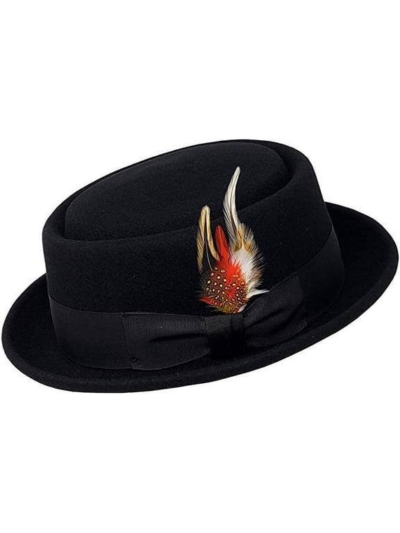 Men's Crush-able Wool Felt Porkpie Pork Pie Fedora Hats with Feather