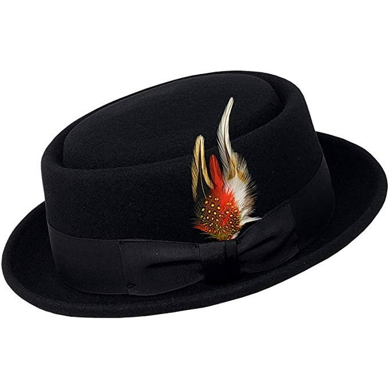 Men's Crush-able Wool Felt Porkpie Pork Pie Fedora Hats with Feather 