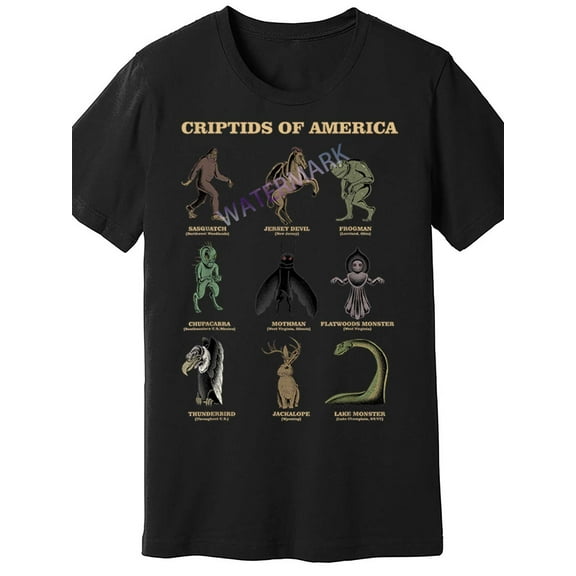 Men's Cryptid of America Graphic T-Shirt - Funny & Educational Short Sleeve Tee, Black, 100% Cotton, Casual Fit, Machine Washable, Cryptozoology Enthusiast Gift