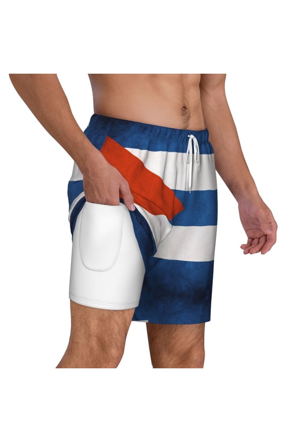 Men's Cuban Flag Swim Trunks with Compression Liner Bathing Suit Swimwear