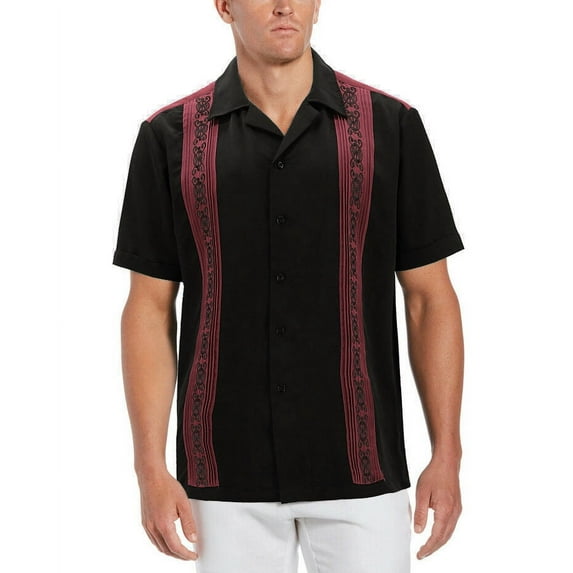 Men's Cuban Guayabera Beach Wedding Short Sleeve Button-Up Casual Dress Shirt (Black/Burgundy, M)