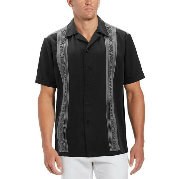 Men's Cuban Guayabera Beach Wedding Short Sleeve Button-Up Casual Dress Shirt (Black/Dark Grey, S)