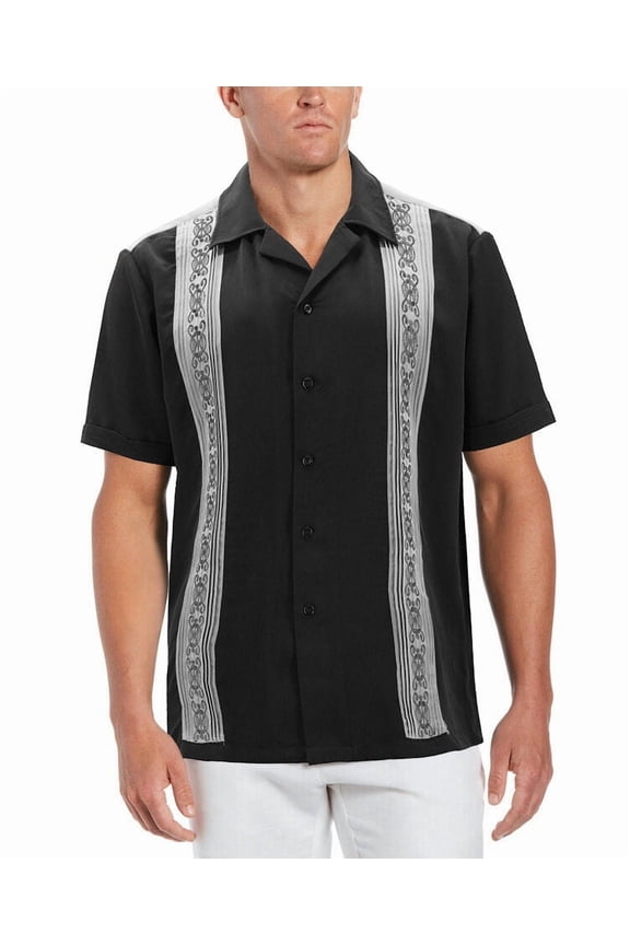 Men's Cuban Guayabera Beach Wedding Short Sleeve Button-Up Casual Dress Shirt (Black/Light Grey, XL)