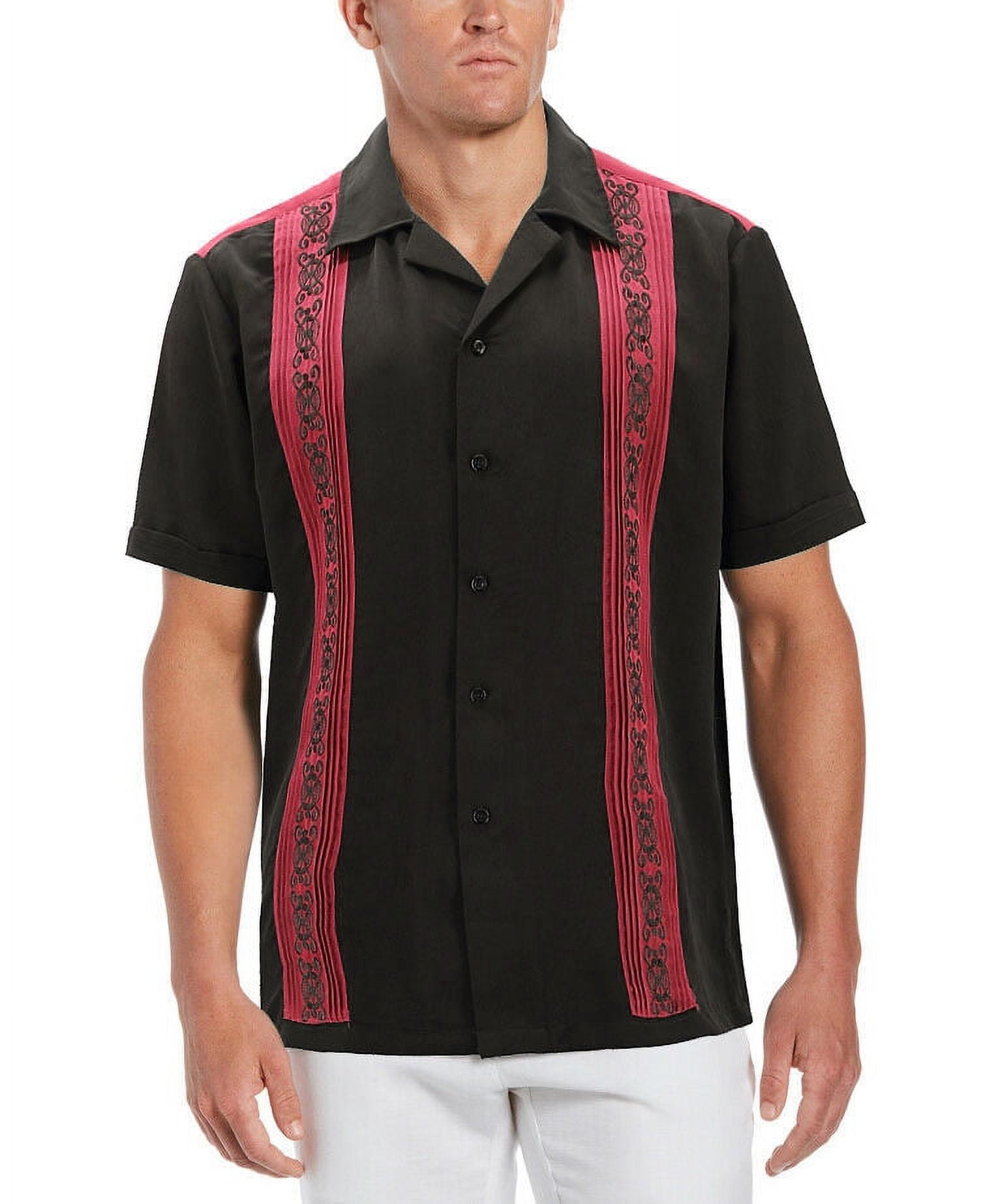 Men's Cuban Guayabera Beach Wedding Short Sleeve Button-Up Casual Dress  Shirt (Black/Red, M)