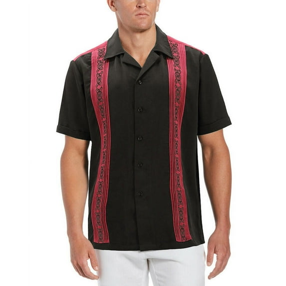 Men's Cuban Guayabera Beach Wedding Short Sleeve Button-Up Casual Dress Shirt (Black/Red, M)