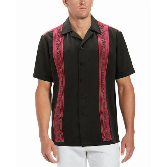 Men's Cuban Guayabera Beach Wedding Short Sleeve Button-Up Casual Dress Shirt (Black/Red, XL)