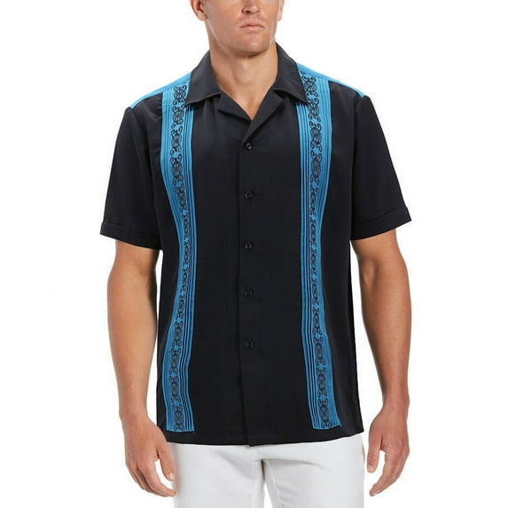 Men's Cuban Guayabera Beach Wedding Short Sleeve Button-Up Casual Dress Shirt (Black/Teal, M)