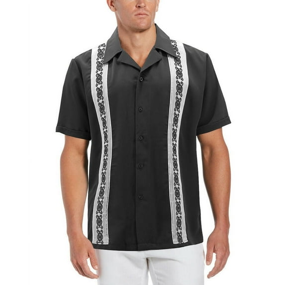 Men's Cuban Guayabera Beach Wedding Short Sleeve Button-Up Casual Dress Shirt (Black/White, M)