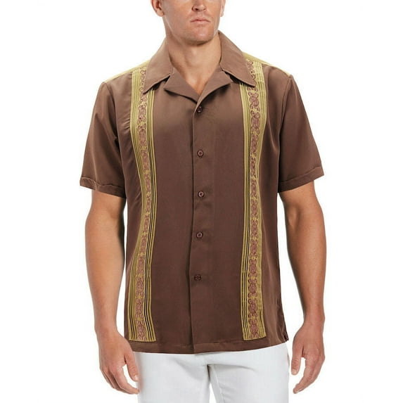 Men's Cuban Guayabera Beach Wedding Short Sleeve Button-Up Casual Dress Shirt (Brown/Khaki, 2XL)