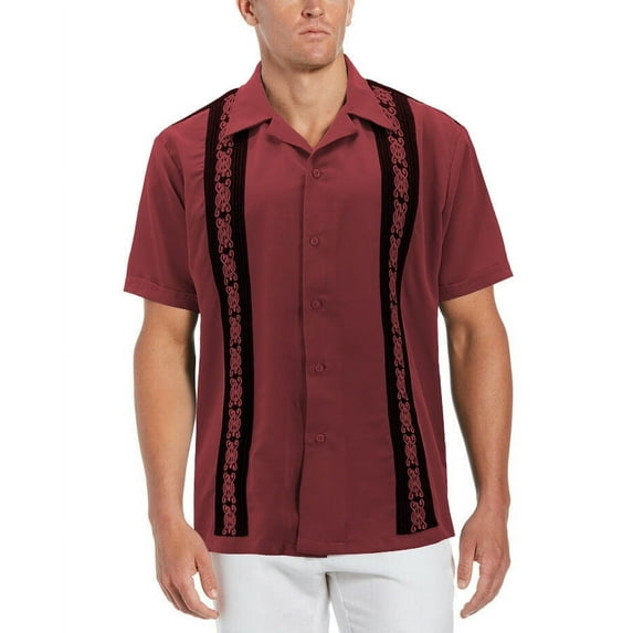 Men's Cuban Guayabera Beach Wedding Short Sleeve Button-Up Casual Dress Shirt (Burgundy/Black, M)