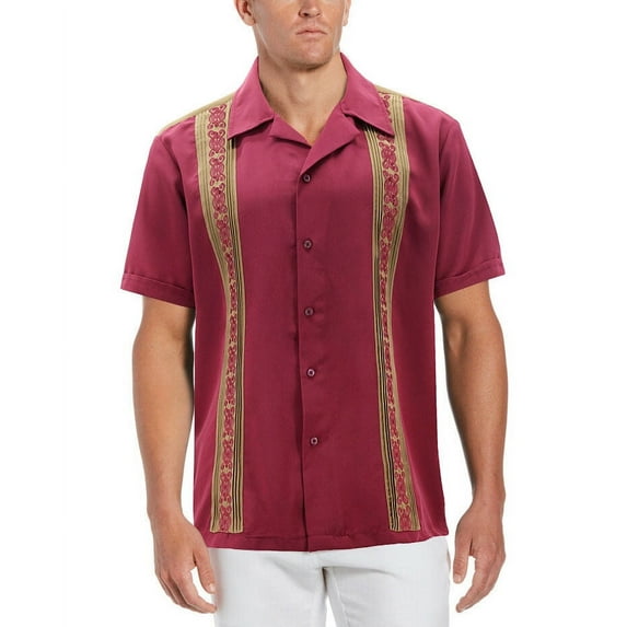 Men's Cuban Guayabera Beach Wedding Short Sleeve Button-Up Casual Dress Shirt (Burgundy/Khaki, 5XL)
