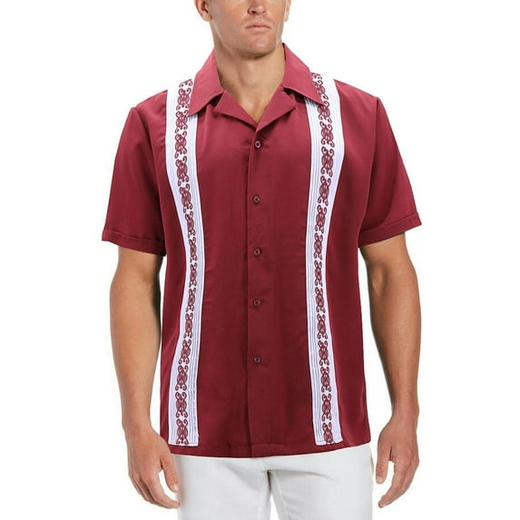 Men's Cuban Guayabera Beach Wedding Short Sleeve Button-Up Casual Dress Shirt (Burgundy/White, 4XL)