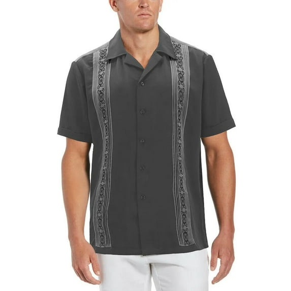 Men's Cuban Guayabera Beach Wedding Short Sleeve Button-Up Casual Dress Shirt (Dark Gray/Light Gray, 2XL)