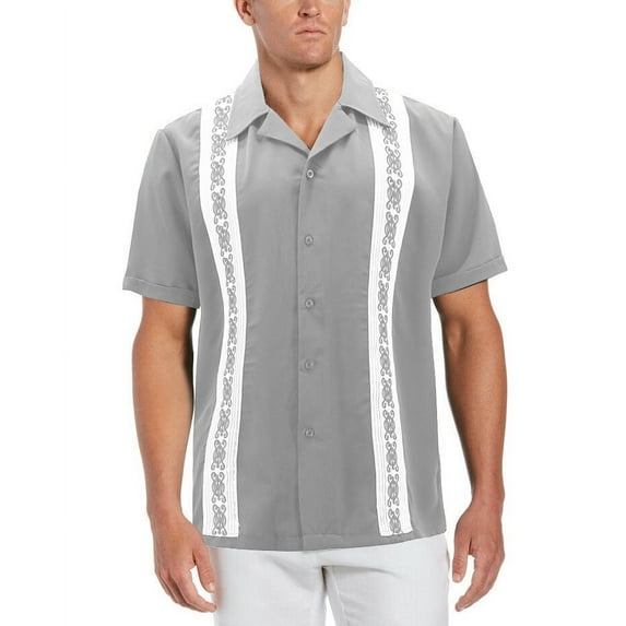 Men's Cuban Guayabera Beach Wedding Short Sleeve Button-Up Casual Dress Shirt (Light Grey/White, 2XL)