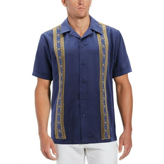 Men's Cuban Guayabera Beach Wedding Short Sleeve Button-Up Casual Dress Shirt (Navy/Khaki, XL)