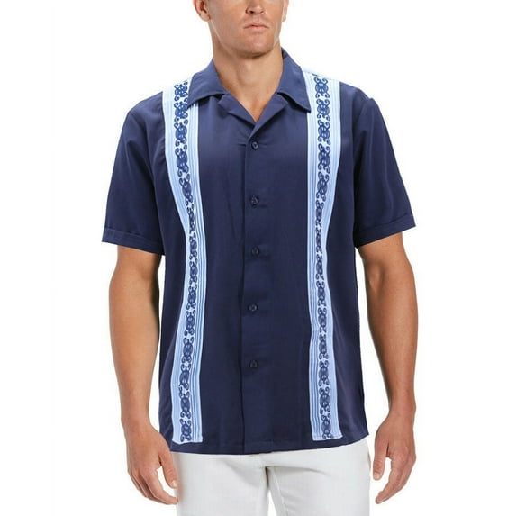 Men's Cuban Guayabera Beach Wedding Short Sleeve Button-Up Casual Dress Shirt (Navy/Light Blue, S)