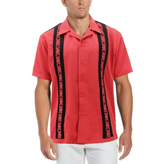 Men's Cuban Guayabera Beach Wedding Short Sleeve Button-Up Casual Dress Shirt (Red/Black, L)
