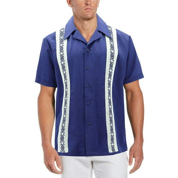 Men's Cuban Guayabera Beach Wedding Short Sleeve Button-Up Casual Dress Shirt (Royal Blue/White, 5XL)