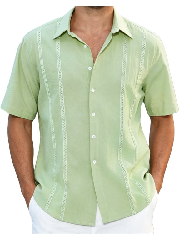 Men's Cuban Guayabera Shirt Short Sleeve Button Up Cotton Linen Shirt for Beach Casual Wear