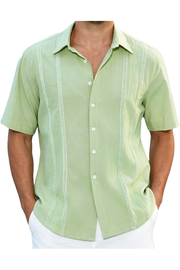 Men's Cuban Guayabera Shirt Short Sleeve Button Up Cotton Linen Shirt for Beach Casual Wear