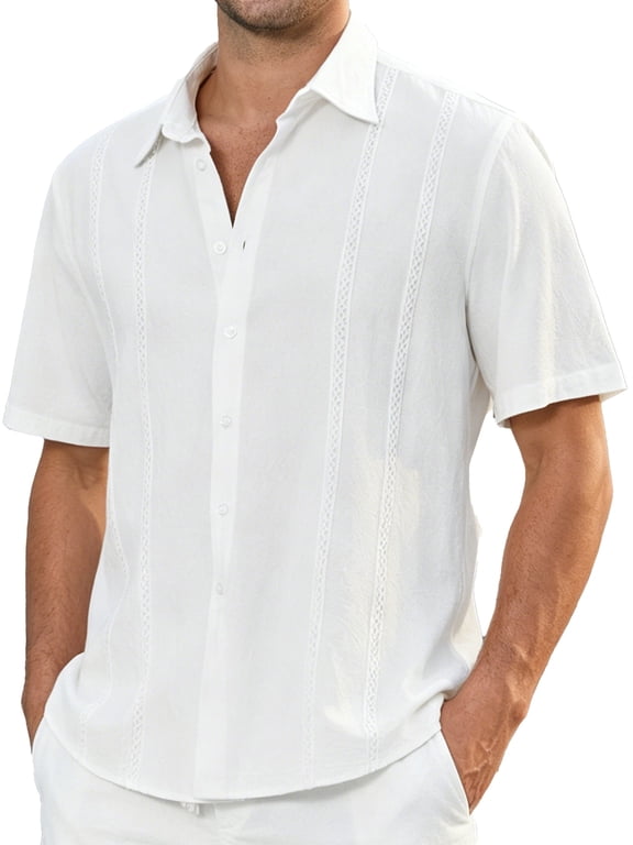 Men's Cuban Guayabera Shirt Short Sleeve Button Up Cotton Linen Shirt for Beach Casual Wear