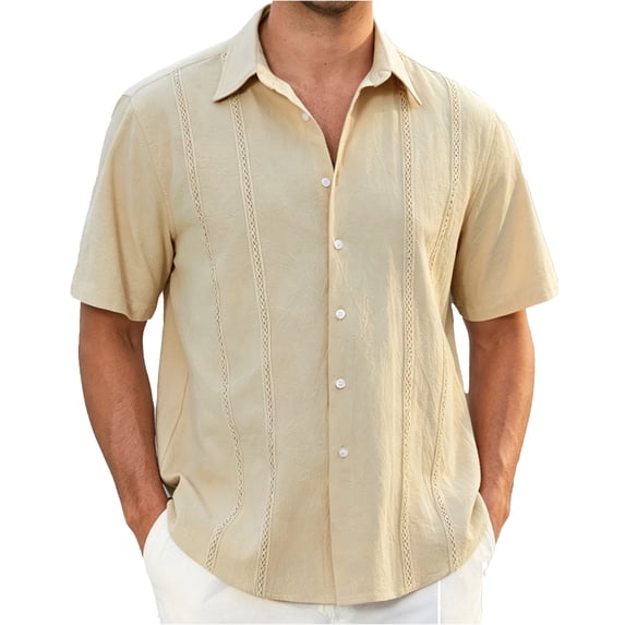 Men's Cuban Guayabera Shirt Short Sleeve Button Up Cotton Linen Shirt for Beach Casual Wear