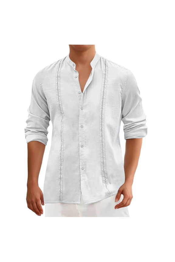 Men's Cuban Guayabera Shirts Casual Long Sleeve Button Down Shirts Band Collar Linen Summer Beach Shirts