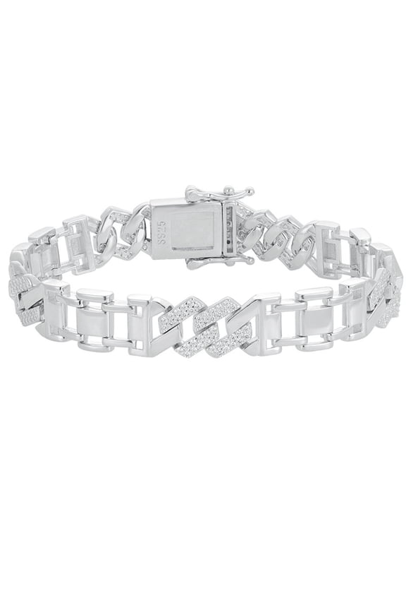 Men's Cuban Link Bracelet Chains Clear 5A+ CZ Simulated Diamond Bracelet for Men 18K White Gold Plated 925 Sterling Silver Mens Bracelet Jewelry 18-20CM