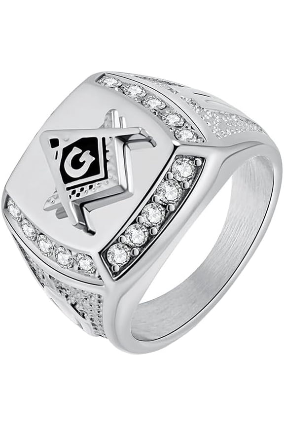 Men's Cubic Zirconia Masonic Freemason Gold Plated Stainless Steel Rings