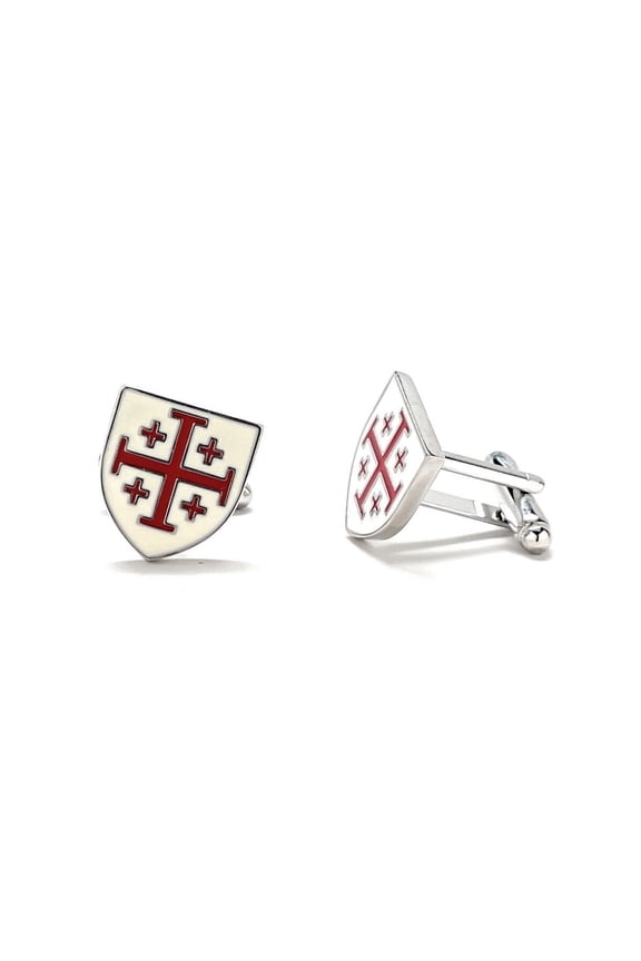 Men's Cufflinks Crusaders Shield Jerusalem Cross Cufflinks Red and White Enamel Silver Tone 3D Five-Fold Cross Cuff Links Religious Gift