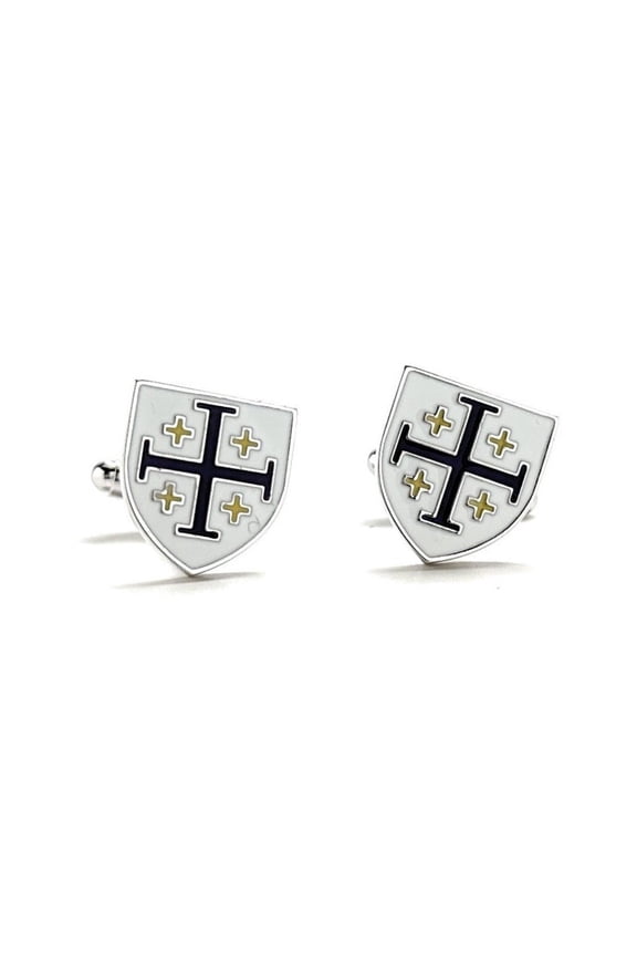 Men's Cufflinks Kings Cross Crusaders Shield Jerusalem Cross Cufflinks Purple Gold White Enamel Silver Trim Five-Fold Cross Cuff Links