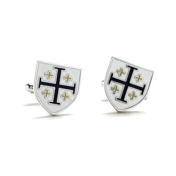 Men's Cufflinks Kings Cross Crusaders Shield Jerusalem Cross Cufflinks Purple Gold White Enamel Silver Trim Five-Fold Cross Cuff Links