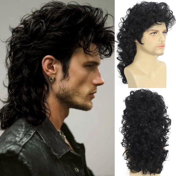 Men's Curly Mullet Long Synthetic Heat Resistant Wig, Black