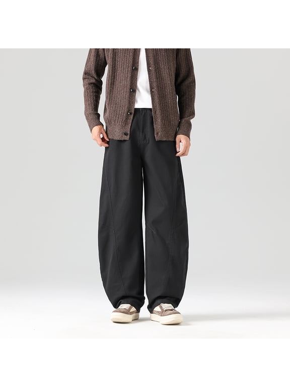 Men's Curved Baggy Pants 100% Cotton Seam Detail Wide Leg Trousers Casual Loose Fit Streetwear Pants for Daily Commute Walking Dating Travel Weekend Outing