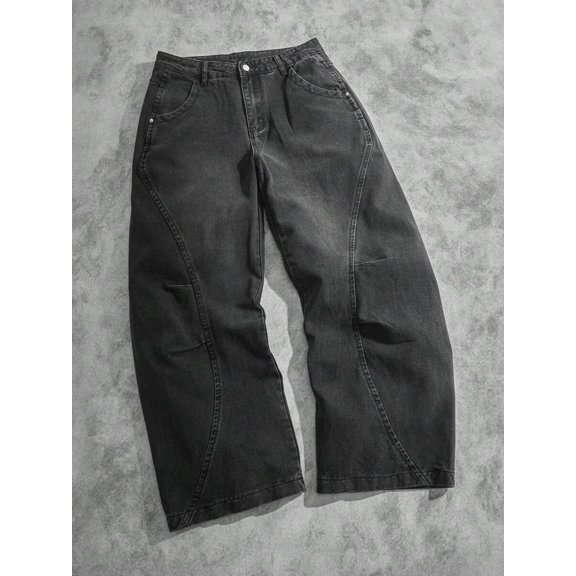 Men's Curved Seam Baggy Jeans, Loose Wide Leg Casual Trousers, Vintage Streetwear Daily Pants