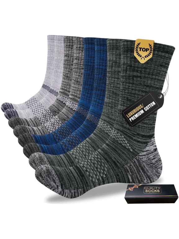 FreeYoka Men's Cotton Crew Work Socks, 4 Pairs Cushioned Boot Moisture Athletic Socks for Hiking Sports Running