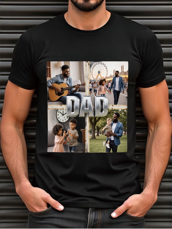 Men s Custom & DAD Letter Print T-Shirt - Personalized Family Picture Collage Gift Suitable for Father s Day, Birthdays, Christmas - Breathable Round Neck Short Slee