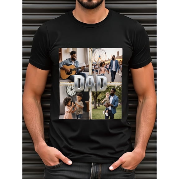 Men s Custom & DAD Letter Print T-Shirt - Personalized Family Picture Collage Gift Suitable for Father s Day, Birthdays, Christmas - Breathable Round Neck Short Slee