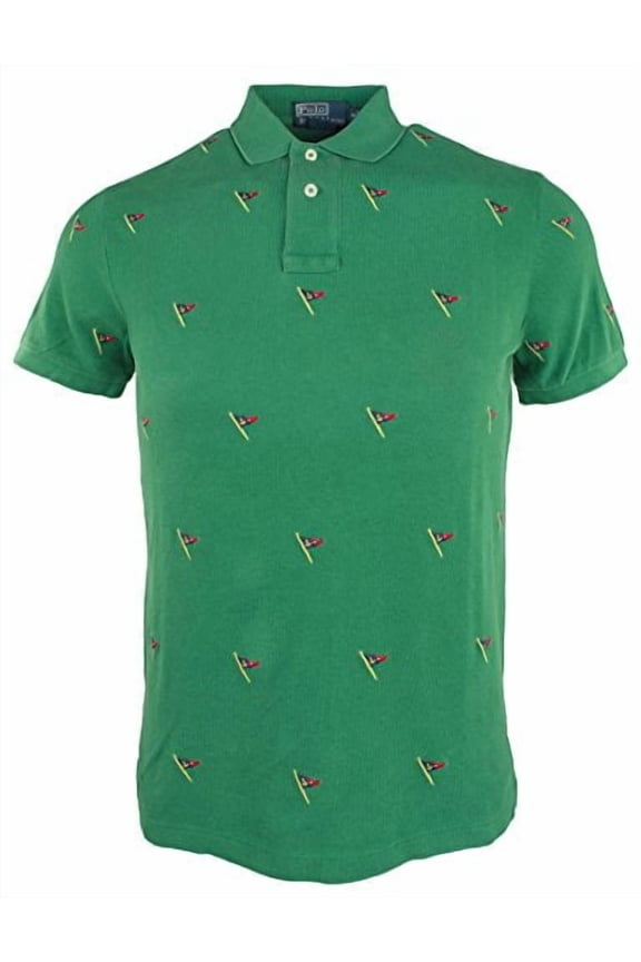 Men's Custom-Fit Allover Flag Embroidered Polo Shirt Grn Medium